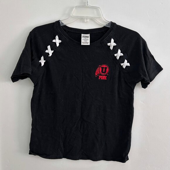 🍃 EUC🍃 PINK collegiate University of Utah Black Tee Lace Up Shoulder T-Shirt - Picture 1 of 4
